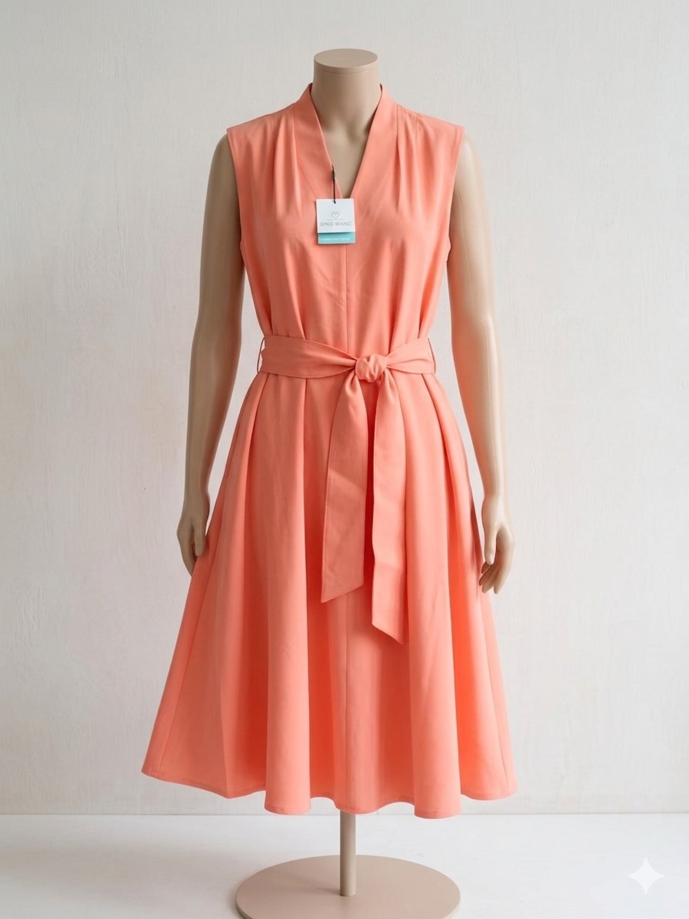 Ming Wang Coral Sleeveless V-Neck Midi Dress with Waist Tie